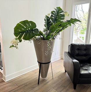 Large Modern Cast Stone Planter on Iron Base with Faux Plants
