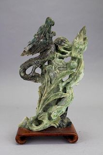 Carved Chinese Spinach Jade Phoenix on Stand