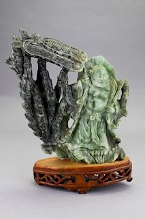 Carved Chinese Spinach Jade Figure on Stand