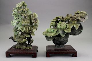 (2)Carved Chinese Spinach Jade Floral Arrangements