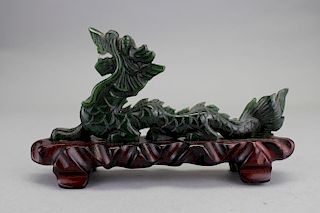Chinese Carved Stone Dragon on Wooden Stand