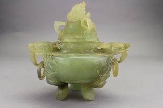 Carved Chinese Apple Jade Footed Censor