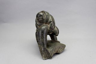 Eskimo Stone Carving of Inuit w/ Seal