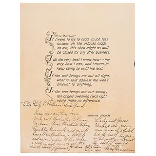 Harry S. Truman Signed Print as President with Abraham Lincoln Quote: "The truth prevailed just as Honest Abe said it would"
