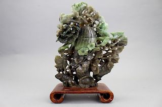 Chinese Spinach Jade Floral Arrangement on Stand