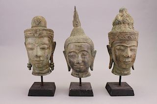 (3) Archaic Form Bronze Thai Busts on Stand