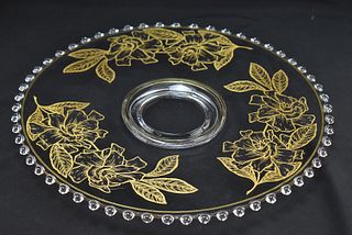 IMPERIAL GLASS CANDLEWICK ROUND PLATTER WITH GOLD FLORAL DESIGN