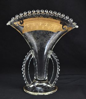 IMPERIAL GLASS CANDLEWICK ETCHED FAN VASE WITH GOLD DETAILS