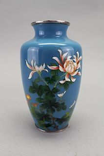 Japanese Cloisonne Floral Vase, Silver Rim