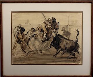 Signed 20th C. Bull Fight Watercolor