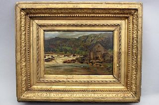 Signed, 19th C. Painting of Mill Along a River