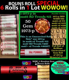 THIS AUCTION ONLY! BU Shotgun Lincoln 1c roll, 1973-p 50 pcs Plus FIVE bonus random date BU roll! Bank Wrapper 50c