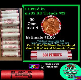 THIS AUCTION ONLY! BU Shotgun Lincoln 1c roll, 1981-d 50 pcs Plus one bonus random date BU roll! Bank Wrapper 50c