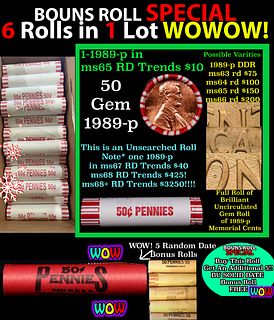 THIS AUCTION ONLY! BU Shotgun Lincoln 1c roll, 1989-p 50 pcs Plus FIVE bonus random date BU roll! Bank Wrapper 50c