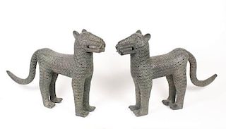 Pair of African Benin Style Bronze Cat Sculptures