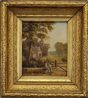 Signed 19th C. Painting of Farmer Near a Well