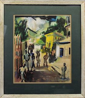 Signed, 20th C. Watercolor of Figures in a Street
