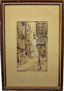 Malcolm Thompson, Colored Etching of Street Scene