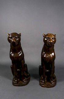 Pair of Cast Patinated Bronze Life Size Panthers