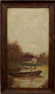 Signed 19th C Painting of a Man Rowing Down Stream