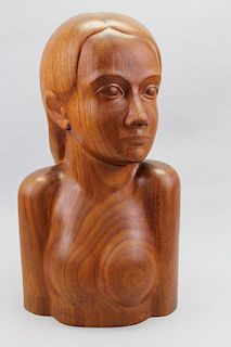 Carved 20th C. Wooden Bust of a Woman