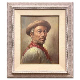 E. Migliaccio, "Old Peasant Man" Framed Original Oil Painting on Canvas, Hand Signed with Letter of Authenticity.