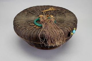 20th C. Covered Basket with Jade Handle