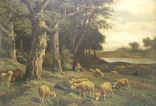 19th C. Oil on Canvas. Shepherd with Flock in