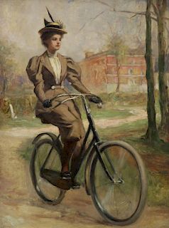 DAVIDSON. Oil on Canvas. Woman on Bicycle.