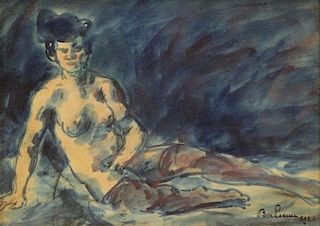 BONHOMME, Leon. Watercolor. Reclining Nude, 1921.