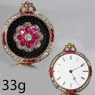 EARLY 20TH CENTURY FRENCH DIAMOND AND RUBY FOB WATCH BY ROSSEL & FILS.
