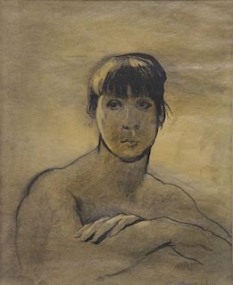 LEVINE, David. "Girl with Bangs" Charcoal on Brown