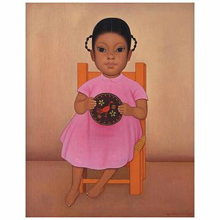 GUSTAVO MONTOYA, Niña en rosa, de la serie Niños Mexicanos, Firmado, Óleo sobre tela, 58 x 45 cm