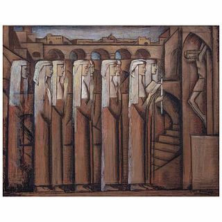 ALFREDO RAMOS MARTÍNEZ, Procession of Nuns. ca. 1934, Firmada, Tempera y conté sobre papel, 50 x 64 cm