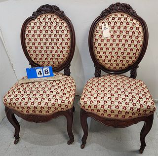 Pr Vict Walnut Side Chairs W/ rose Carved Crests 37"H X19"W X 17"D