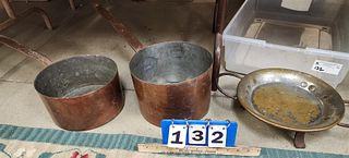 Tub 2 Copper Pots + Brass Footed Compote