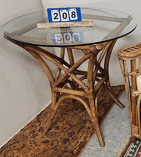 Bamboo Base Glass Top Table 29"H X 30" Diam 
