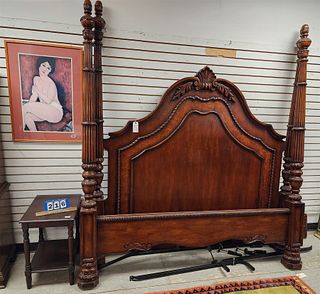 Cherry King Poster Bed 7'6"H X 81 1'2"W w/ Side stand + Framed Modigleane Print