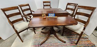 Duncan Phyfe Style Double Ped Mahog Dining Table W/ 3 Leaves 3'8"W X 5'4"L  W/ 5 Armchairs