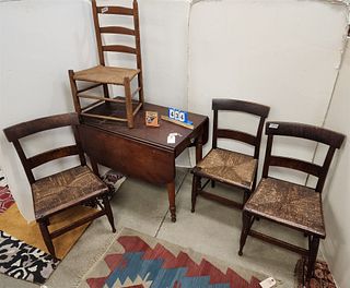 C1820 Sheraton Cherry Drop Leaf Pembroke Table 29"H X 3'W X 21 1/2"D + Ladder Back Rush Seat Chair + 3 Tiger Maple Side Chairs