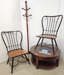 Lot 4 Pc- Pr Metal Frame Wood Seat Chairs 38"H X 21"W X 16 1/2"D, Coffee Table 17"H X 35 1/2"Diam + Wooden Hall Tree 6'