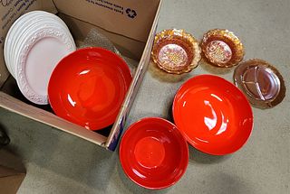 Bx 3 Red Ceramic Bowls 4 1/2"H X 14" Diam, 5 1/2"H X 10" Diam, 8 Plates 12" Diam + Carnival Glass
