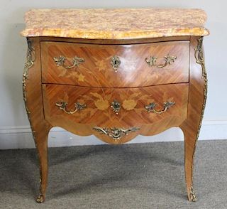 Marble Top and Floral Inlaid Bombe Style Commode.