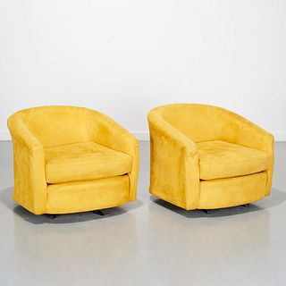 Milo Baughman (attrib), yellow suede swivel chairs