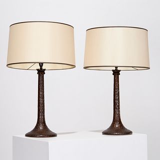 Paul Belvoir, pair patinated bronze table lamps