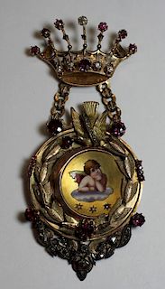 JEWELRY. Enamel Decorated Brooch with Diamonds