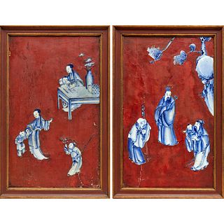 Pair Chinese red lacquered porcelain plaques