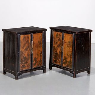 Pair Chinese Export black & gilt lacquer cabinets