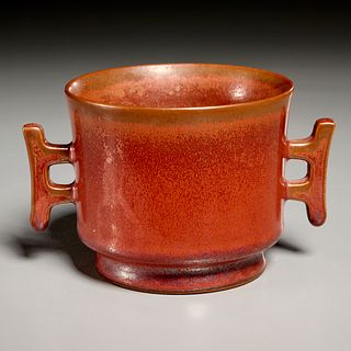 Chinese red porcelain two handle censer