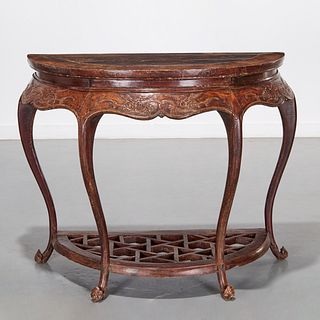 Chinese carved wood demilune console table